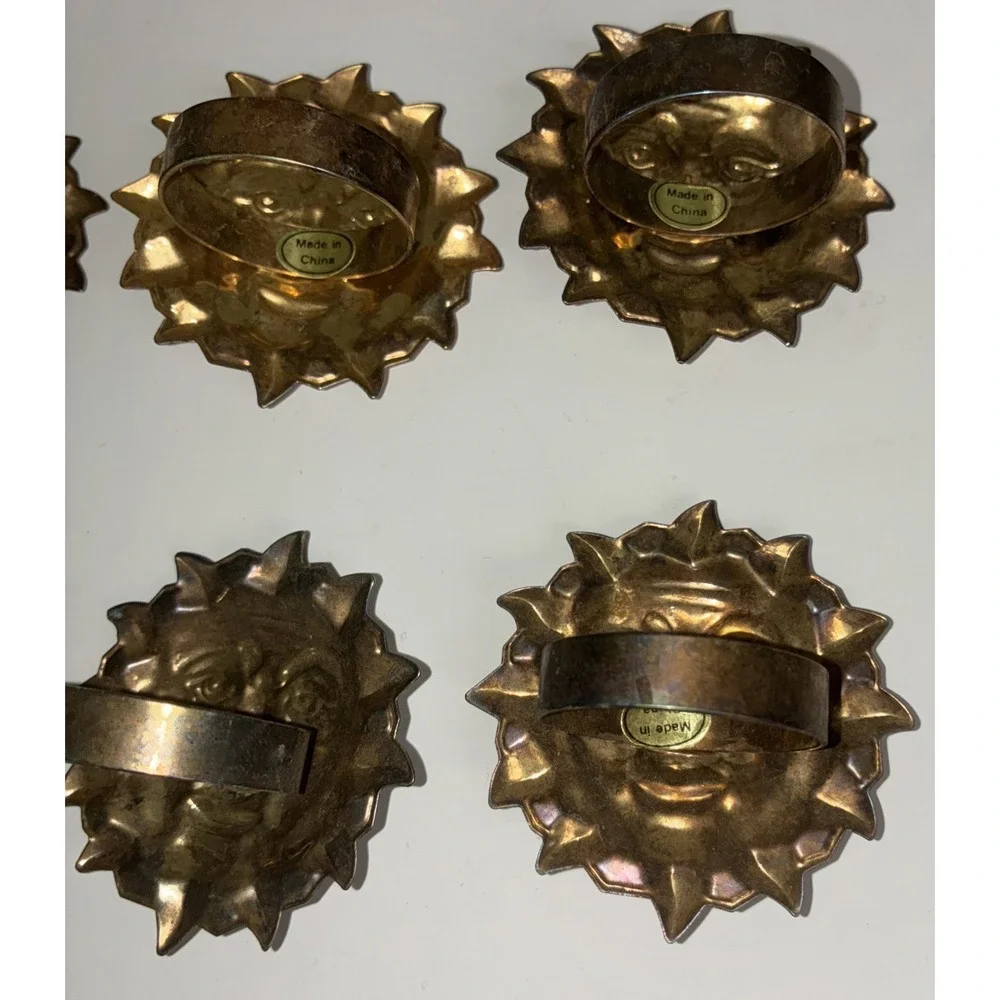 Napkin Rings Celestial Sun Face Brass‎ Tone Metal Set Of 8 Vintage